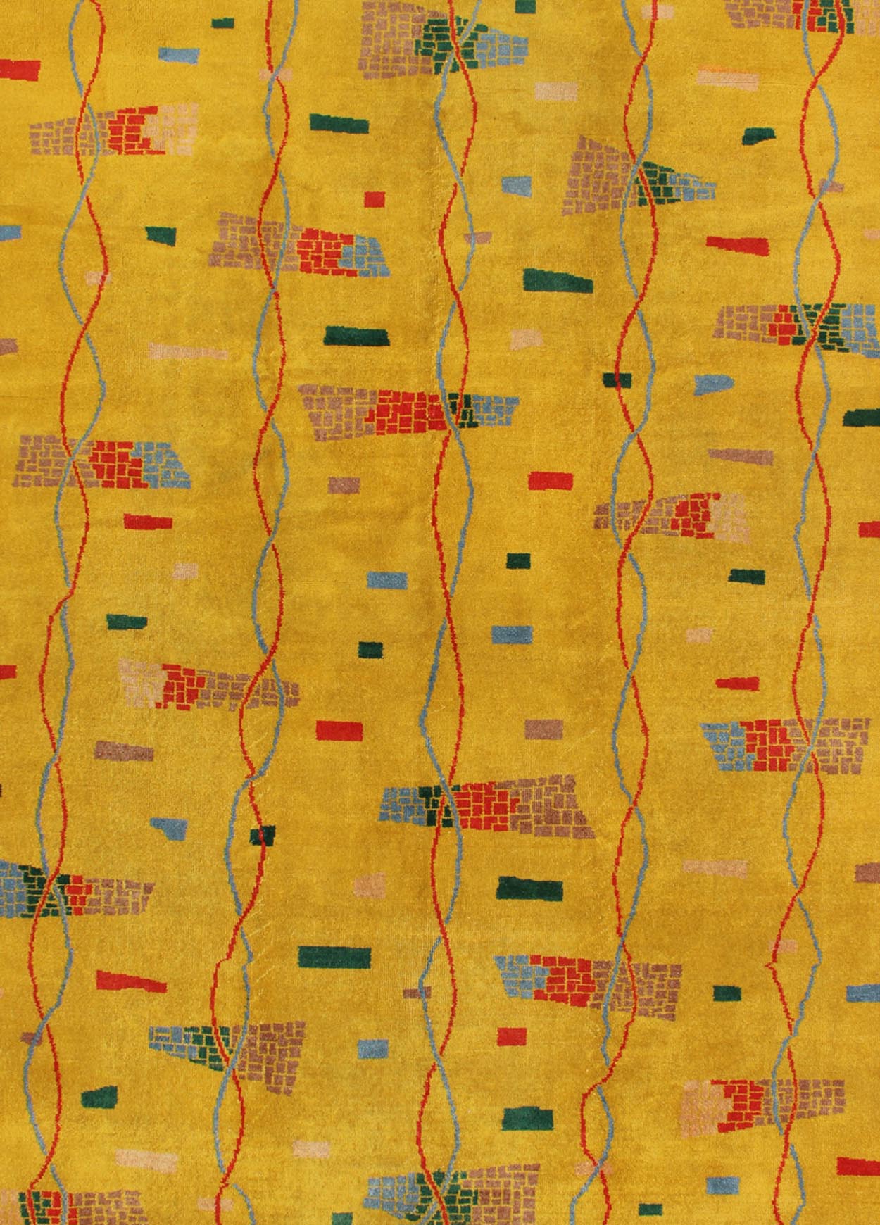 Mid - Century Modern Rug, Turkish Carpet in Bright Yellow, Red, Blue, Green & Pink This beautiful Mid - Century rug rests on a saturated yellow background with brilliant accent colors. The design consists of intertwined threads running along the len... - Keivan Woven ArtsTU - MTU - 3431 - 6197Rug
