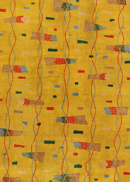 Mid - Century Modern Rug, Turkish Carpet in Bright Yellow, Red, Blue, Green & Pink This beautiful Mid - Century rug rests on a saturated yellow background with brilliant accent colors. The design consists of intertwined threads running along the len... - Keivan Woven ArtsTU - MTU - 3431 - 6197Rug