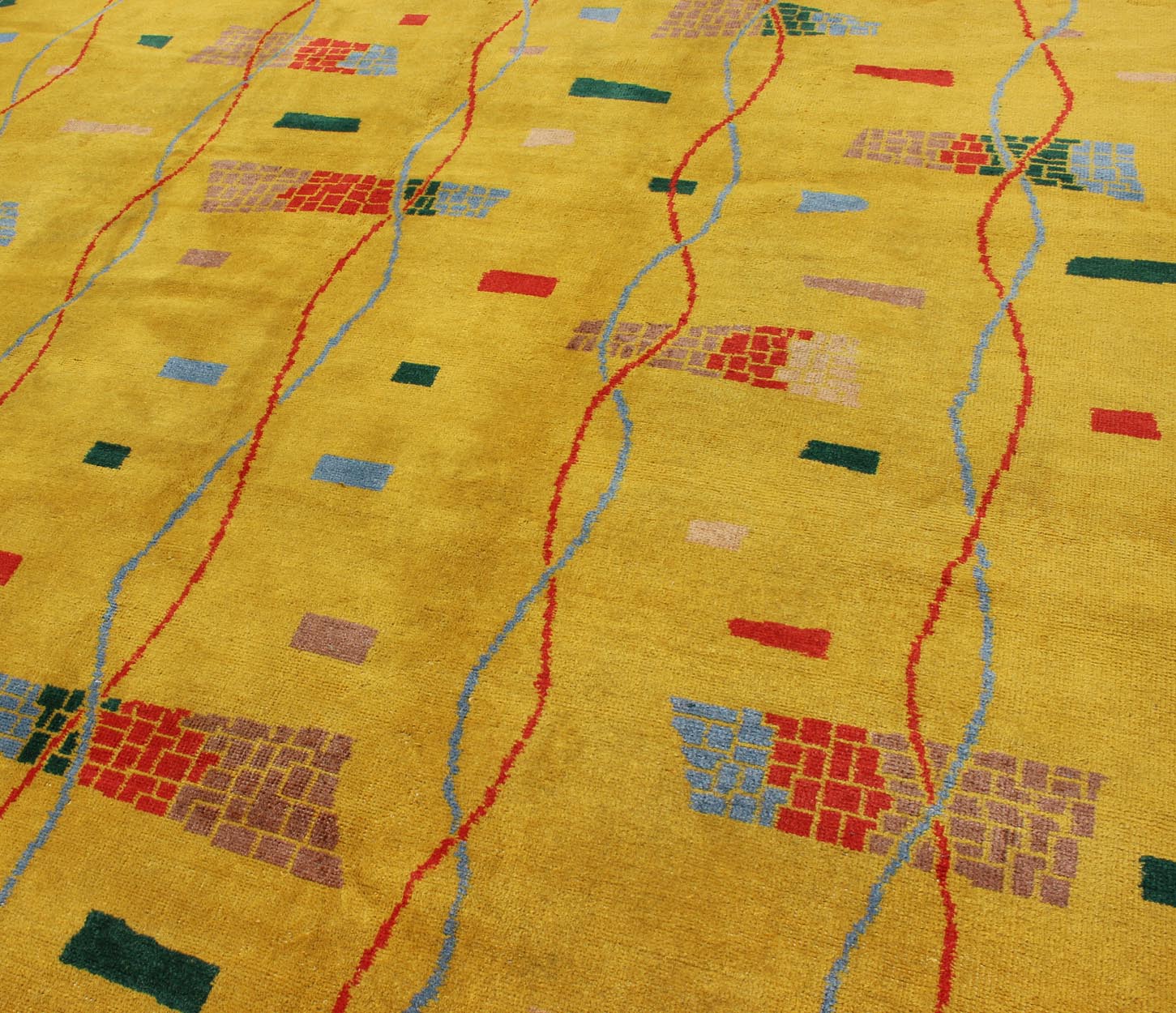 Mid - Century Modern Rug, Turkish Carpet in Bright Yellow, Red, Blue, Green & Pink This beautiful Mid - Century rug rests on a saturated yellow background with brilliant accent colors. The design consists of intertwined threads running along the len... - Keivan Woven ArtsTU - MTU - 3431 - 6197Rug