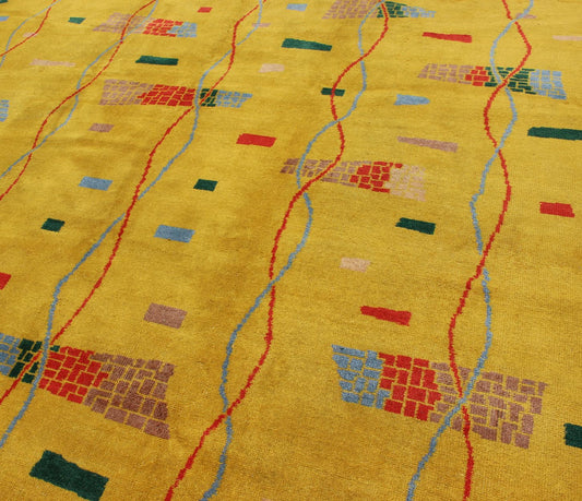 Mid - Century Modern Rug, Turkish Carpet in Bright Yellow, Red, Blue, Green & Pink This beautiful Mid - Century rug rests on a saturated yellow background with brilliant accent colors. The design consists of intertwined threads running along the len... - Keivan Woven ArtsTU - MTU - 3431 - 6197Rug
