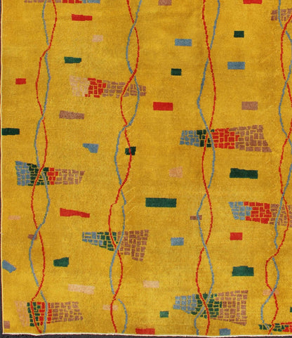 Mid - Century Modern Rug, Turkish Carpet in Bright Yellow, Red, Blue, Green & Pink This beautiful Mid - Century rug rests on a saturated yellow background with brilliant accent colors. The design consists of intertwined threads running along the len... - Keivan Woven ArtsTU - MTU - 3431 - 6197Rug