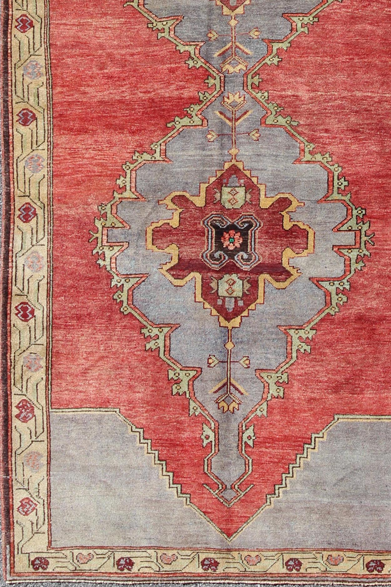 Vintage Turkish Oushak Rug with Three Large Medallions and Vining Floral Border This beautiful vintage Oushak runner from mid - 20th Century Turkey features a Classic Oushak design, which is enhanced by its lustrous wool. The red ground is home to... - Keivan Woven ArtsTU - MTU - 3437 - 5826Rug