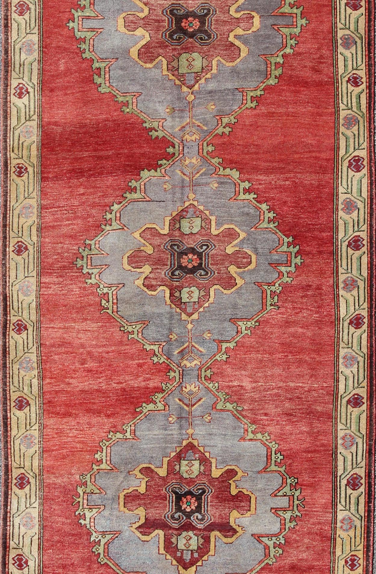 Vintage Turkish Oushak Rug with Three Large Medallions and Vining Floral Border This beautiful vintage Oushak runner from mid - 20th Century Turkey features a Classic Oushak design, which is enhanced by its lustrous wool. The red ground is home to... - Keivan Woven ArtsTU - MTU - 3437 - 5826Rug
