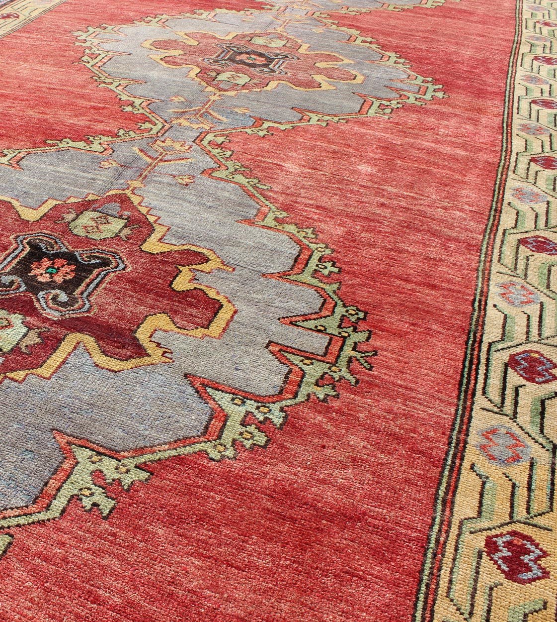 Vintage Turkish Oushak Rug with Three Large Medallions and Vining Floral Border This beautiful vintage Oushak runner from mid - 20th Century Turkey features a Classic Oushak design, which is enhanced by its lustrous wool. The red ground is home to... - Keivan Woven ArtsTU - MTU - 3437 - 5826Rug