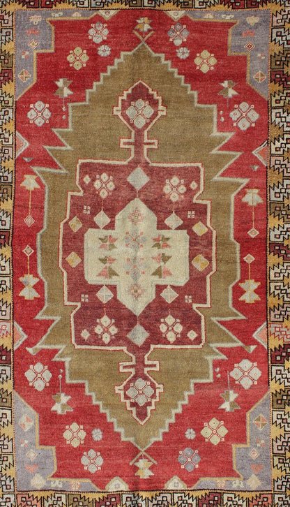 Unique Vintage Turkish Oushak Rug with Geometric Medallion in Red, Green, Yellow, rug mtu - 3468, country of origin / type: Turkey / Oushak, circa mid - 20th century This vintage Turkish Oushak rug (circa mid - 20th century) features a unique blend of... - Keivan Woven ArtsTU - MTU - 3468 - 6215Rug