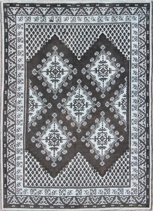 Keivan Woven Arts, Tu - Mtu - 3488, Vintage Mid - Century Moroccan Rug, Geometric Design Tribal Moroccan Rug with Black - This vintage Moroccan carpet features a geometric and tribal design with black background and light blue/gray colors. Measures: 8'8 x 11'9. - Keivan Woven ArtsTU - MTU - 3488 - 6849Rug
