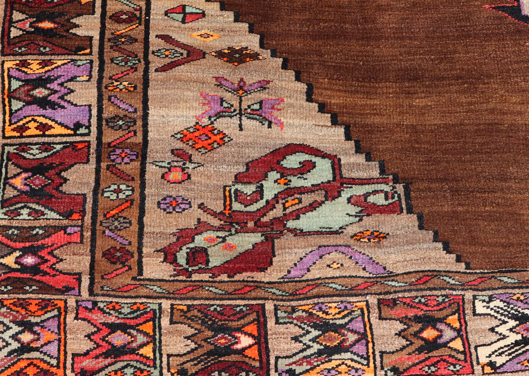 Vintage Turkish Kars Rug With Medallion On A Brown Field with Pops of Color. Keivan Woven Arts / rug/ TU - MTU - 3489, country of origin / type: Turkey / Oushak / Kars, circa 1940 Measures: 9'4 x 10'2. This Turkish Kars rug has been handwoven in Turk... - Keivan Woven ArtsTU - MTU - 3489 - 6853Rug