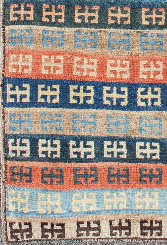 Vintage Turkish Tulu Rug with a Modern Striped with Tribal Design. Keivan Woven Arts / rug EN - 13495, country of origin / type: Turkey /Tulu, Konya circa 1950 This vintage Tulu rug is handwoven from wool in a dynamic cobalt, light blue, orange, t... - Keivan Woven ArtsTU - MTU - 3495 - 6869Rug