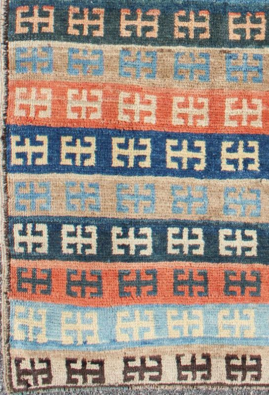 Vintage Turkish Tulu Rug with a Modern Striped with Tribal Design. Keivan Woven Arts / rug EN - 13495, country of origin / type: Turkey /Tulu, Konya circa 1950 This vintage Tulu rug is handwoven from wool in a dynamic cobalt, light blue, orange, t... - Keivan Woven ArtsTU - MTU - 3495 - 6869Rug