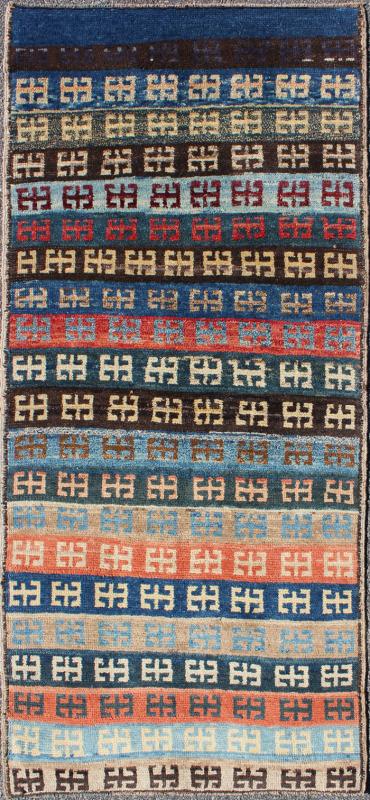 Vintage Turkish Tulu Rug with a Modern Striped with Tribal Design. Keivan Woven Arts / rug EN - 13495, country of origin / type: Turkey /Tulu, Konya circa 1950 This vintage Tulu rug is handwoven from wool in a dynamic cobalt, light blue, orange, t... - Keivan Woven ArtsTU - MTU - 3495 - 6869Rug