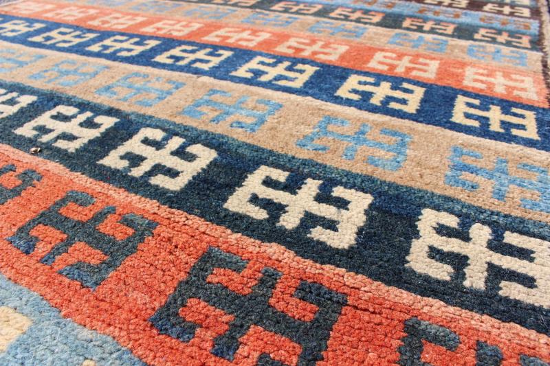 Vintage Turkish Tulu Rug with a Modern Striped with Tribal Design. Keivan Woven Arts / rug EN - 13495, country of origin / type: Turkey /Tulu, Konya circa 1950 This vintage Tulu rug is handwoven from wool in a dynamic cobalt, light blue, orange, t... - Keivan Woven ArtsTU - MTU - 3495 - 6869Rug