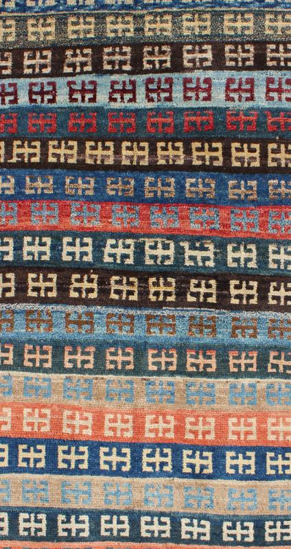 Vintage Turkish Tulu Rug with a Modern Striped with Tribal Design. Keivan Woven Arts / rug EN - 13495, country of origin / type: Turkey /Tulu, Konya circa 1950 This vintage Tulu rug is handwoven from wool in a dynamic cobalt, light blue, orange, t... - Keivan Woven ArtsTU - MTU - 3495 - 6869Rug