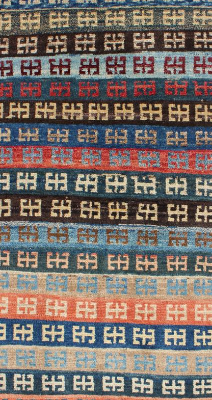 Vintage Turkish Tulu Rug with a Modern Striped with Tribal Design. Keivan Woven Arts / rug EN - 13495, country of origin / type: Turkey /Tulu, Konya circa 1950 This vintage Tulu rug is handwoven from wool in a dynamic cobalt, light blue, orange, t... - Keivan Woven ArtsTU - MTU - 3495 - 6869Rug