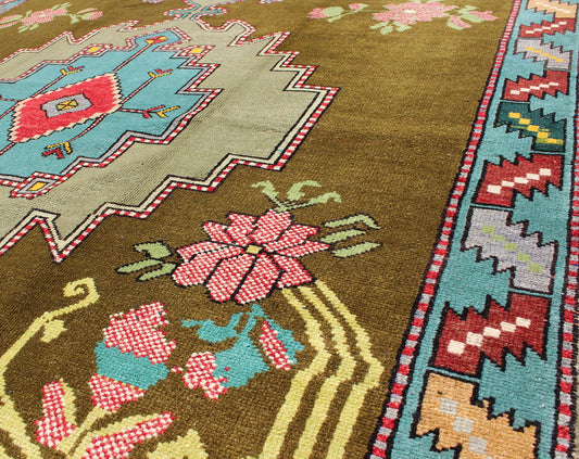 Bright Vintage Turkish Carpet in Green and Unique Vivid Colors & Design Measures: 5'10 x 9'8. This lovely and unique Turkish carpet displays multi layered geometric medallions. The unique colors include yellow, blue, red, teal, pink, bright ... - Keivan Woven ArtsTU - MTU - 3496 - 6873Rug