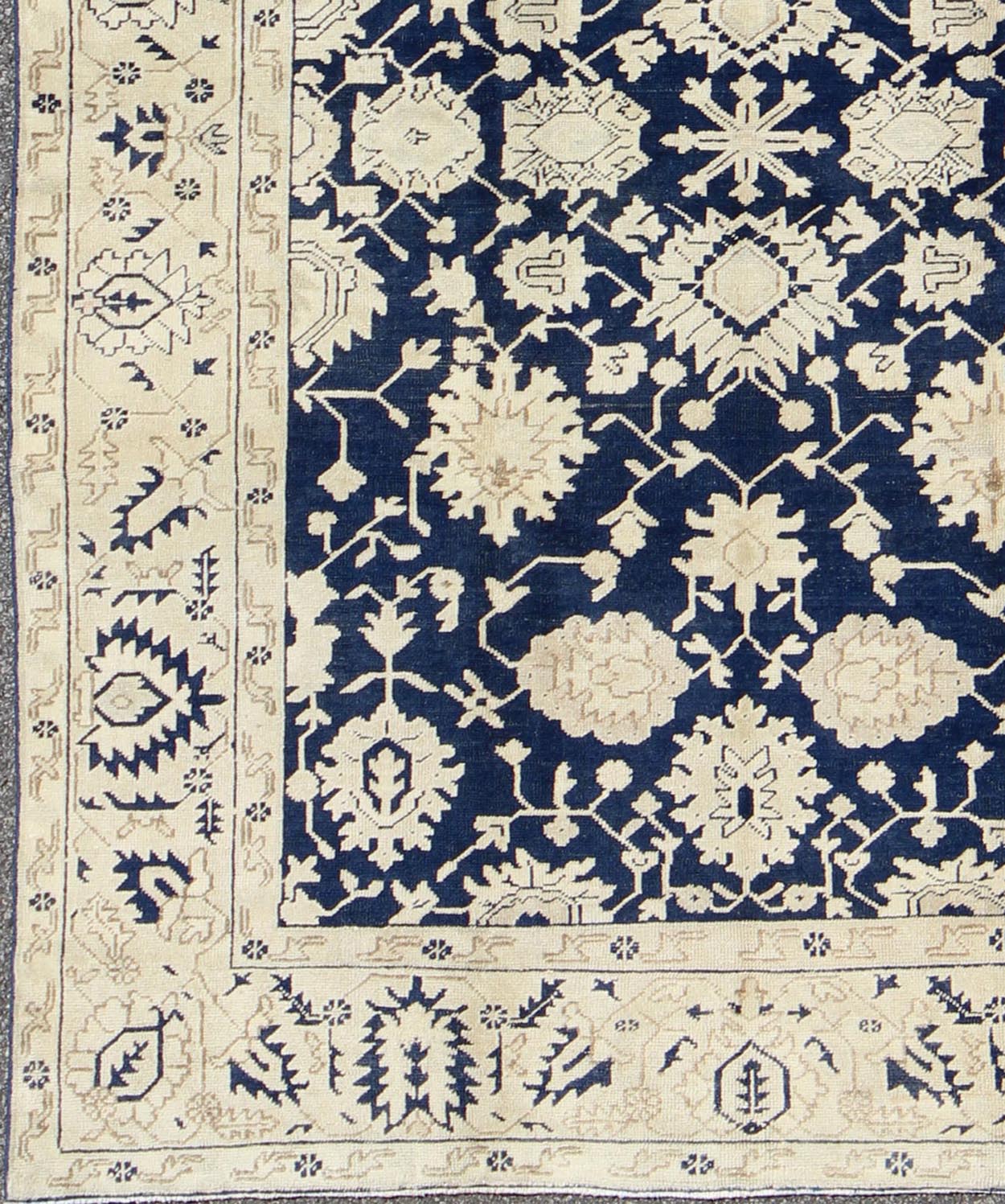 Unique Turkish Oushak Rug With Floral Design in Dark Blue, Cream and Light Brown. Unique Turkish Oushak Rug with all over Floral Design in Dark Blue, Cream and Light Brown rug/TU - MTU - 3610 This unique Oushak rug features all - over geometric and fl... - Keivan Woven ArtsTU - MTU - 3610 - 6877Rug