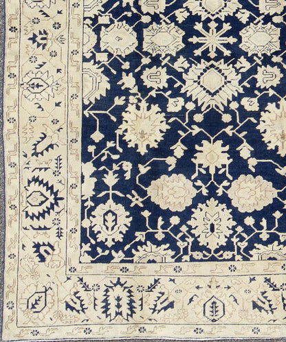 Unique Turkish Oushak Rug With Floral Design in Dark Blue, Cream and Light Brown. Unique Turkish Oushak Rug with all over Floral Design in Dark Blue, Cream and Light Brown rug/TU - MTU - 3610 This unique Oushak rug features all - over geometric and fl... - Keivan Woven ArtsTU - MTU - 3610 - 6877Rug