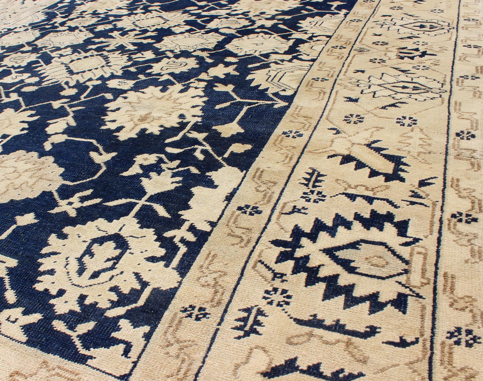 Unique Turkish Oushak Rug With Floral Design in Dark Blue, Cream and Light Brown. Unique Turkish Oushak Rug with all over Floral Design in Dark Blue, Cream and Light Brown rug/TU - MTU - 3610 This unique Oushak rug features all - over geometric and fl... - Keivan Woven ArtsTU - MTU - 3610 - 6877Rug
