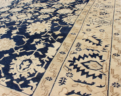 Unique Turkish Oushak Rug With Floral Design in Dark Blue, Cream and Light Brown. Unique Turkish Oushak Rug with all over Floral Design in Dark Blue, Cream and Light Brown rug/TU - MTU - 3610 This unique Oushak rug features all - over geometric and fl... - Keivan Woven ArtsTU - MTU - 3610 - 6877Rug