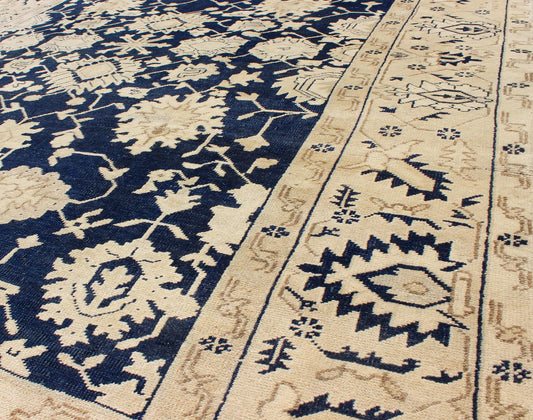 Unique Turkish Oushak Rug With Floral Design in Dark Blue, Cream and Light Brown. Unique Turkish Oushak Rug with all over Floral Design in Dark Blue, Cream and Light Brown rug/TU - MTU - 3610 This unique Oushak rug features all - over geometric and fl... - Keivan Woven ArtsTU - MTU - 3610 - 6877Rug