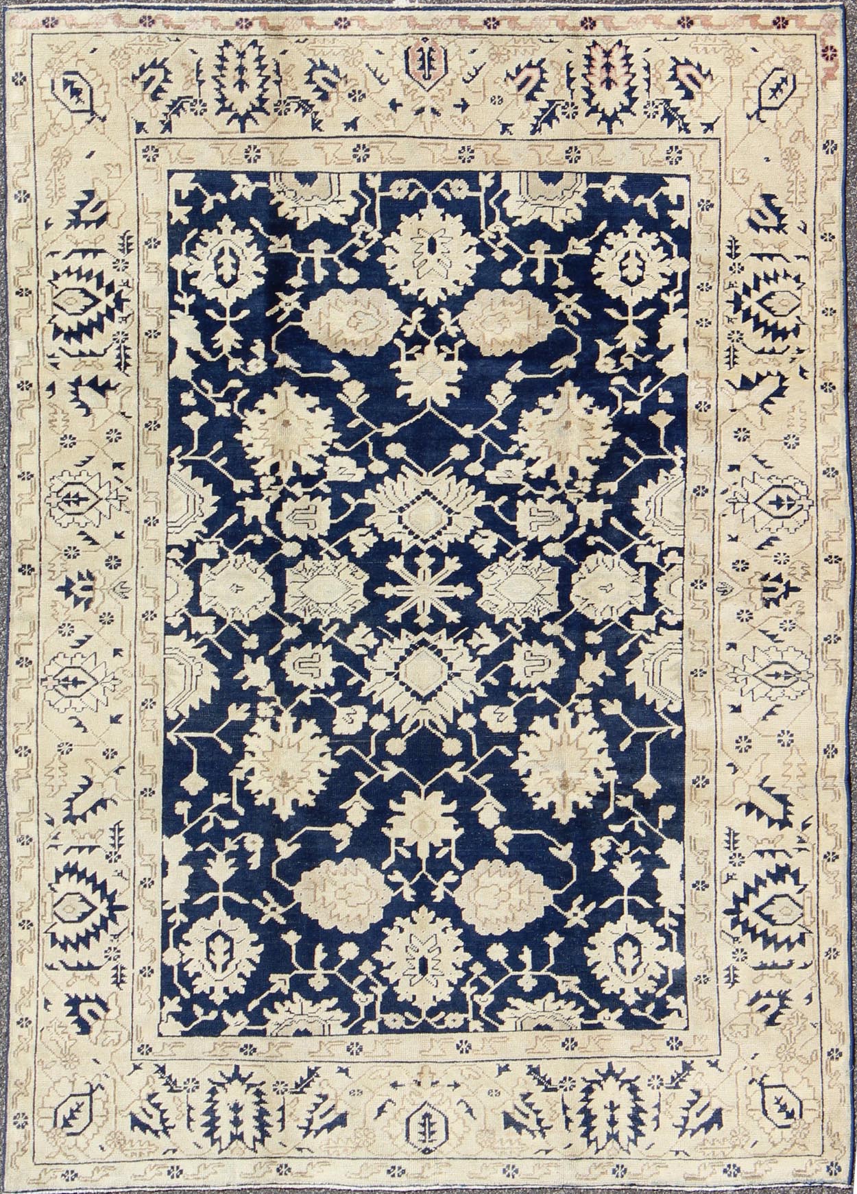 Unique Turkish Oushak Rug With Floral Design in Dark Blue, Cream and Light Brown. Unique Turkish Oushak Rug with all over Floral Design in Dark Blue, Cream and Light Brown rug/TU - MTU - 3610 This unique Oushak rug features all - over geometric and fl... - Keivan Woven ArtsTU - MTU - 3610 - 6877Rug