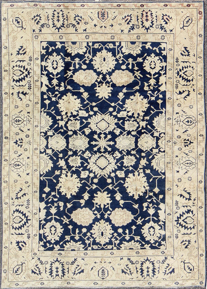 Unique Turkish Oushak Rug With Floral Design in Dark Blue, Cream and Light Brown. Unique Turkish Oushak Rug with all over Floral Design in Dark Blue, Cream and Light Brown rug/TU - MTU - 3610 This unique Oushak rug features all - over geometric and fl... - Keivan Woven ArtsTU - MTU - 3610 - 6877Rug