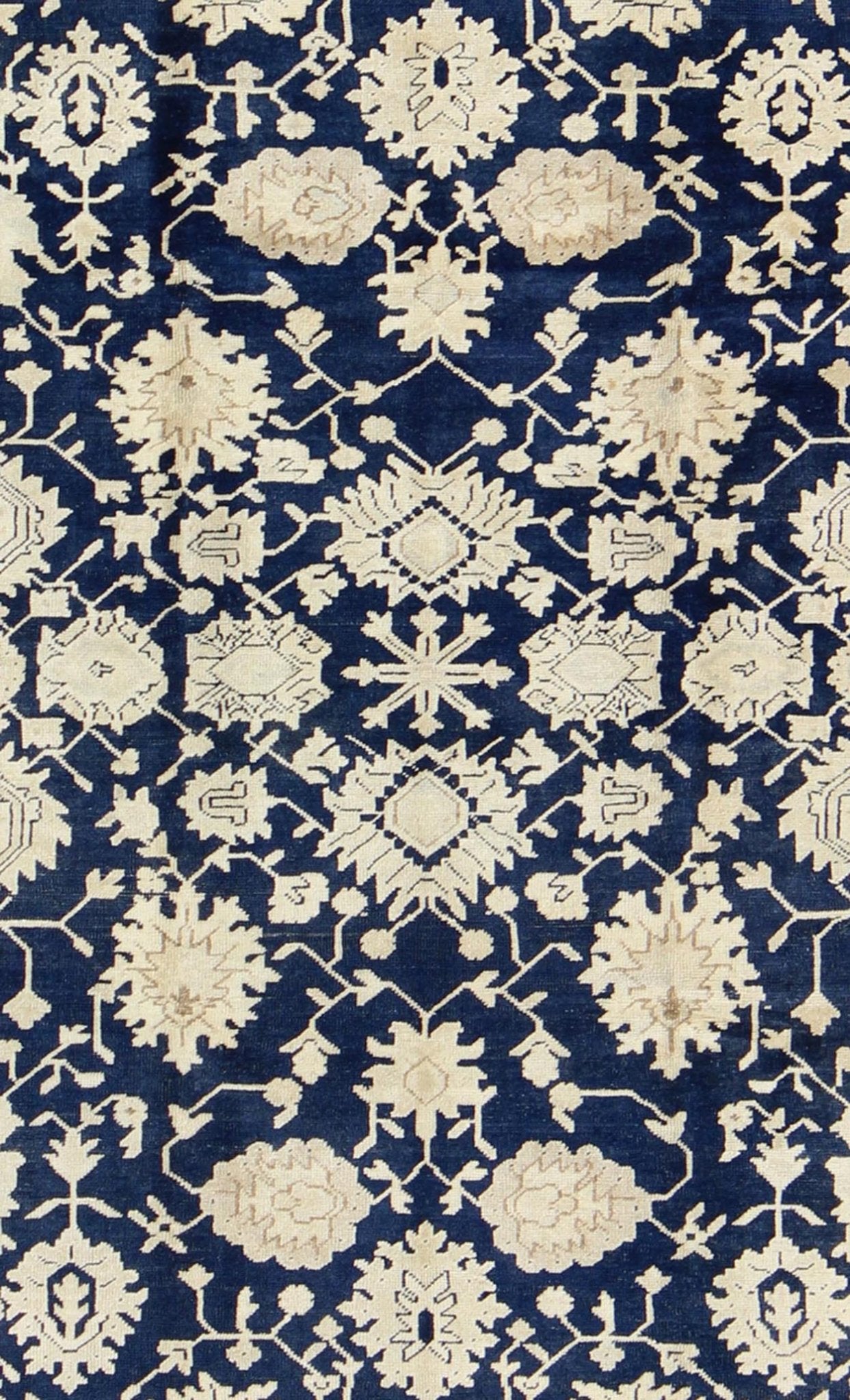 Unique Turkish Oushak Rug With Floral Design in Dark Blue, Cream and Light Brown. Unique Turkish Oushak Rug with all over Floral Design in Dark Blue, Cream and Light Brown rug/TU - MTU - 3610 This unique Oushak rug features all - over geometric and fl... - Keivan Woven ArtsTU - MTU - 3610 - 6877Rug