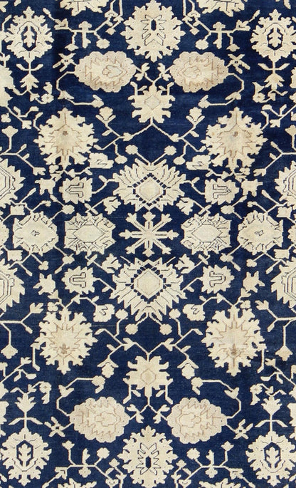 Unique Turkish Oushak Rug With Floral Design in Dark Blue, Cream and Light Brown. Unique Turkish Oushak Rug with all over Floral Design in Dark Blue, Cream and Light Brown rug/TU - MTU - 3610 This unique Oushak rug features all - over geometric and fl... - Keivan Woven ArtsTU - MTU - 3610 - 6877Rug