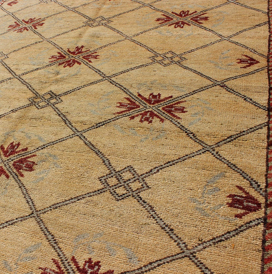 Vintage Turkish Cross - Hatch Trellis Design Oushak Rug by Keivan Woven Arts Measures: 4'2 x 9'7 This 1940's Turkish Oushak features a cross hatch design with sub - geometric motifs in the crossings. The field is rendered in a creamy yellow, ... - Keivan Woven ArtsTU - MTU - 3630 - 6881Rug