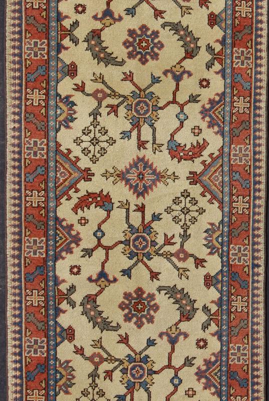 Long Turkish Oushak Runner with All - Over Floral Design in Ivory, Red and Blue, rug mtu - 4627, country of origin / type: Turkey / Oushak, circa mid - 20th century This long antique Turkish Oushak runner (circa 1920) is remarkably elegant in both col... - Keivan Woven ArtsTU - MTU - 4627 - 7739Rug