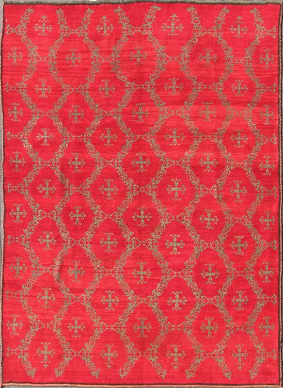 Vintage Turkish Konya Carpet with Cross Design and Bright Red Background Measures: 6'11'' x 9'1''. This unique Turkish Oushak carpet features an all - over design of vibrant cross shapes, surrounded by frames of connecting floral motifs and set... - Keivan Woven ArtsTU - MTU - 4632 - 7743
