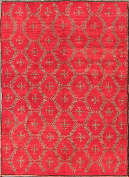 Vintage Turkish Konya Carpet with Cross Design and Bright Red Background Measures: 6'11'' x 9'1''. This unique Turkish Oushak carpet features an all - over design of vibrant cross shapes, surrounded by frames of connecting floral motifs and set... - Keivan Woven ArtsTU - MTU - 4632 - 7743