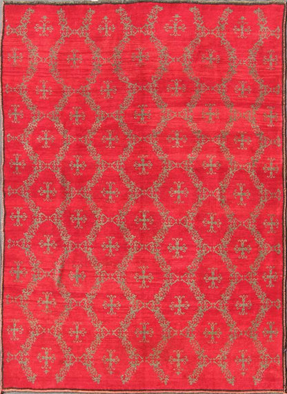 Vintage Turkish Konya Carpet with Cross Design and Bright Red Background Measures: 6'11'' x 9'1''. This unique Turkish Oushak carpet features an all - over design of vibrant cross shapes, surrounded by frames of connecting floral motifs and set... - Keivan Woven ArtsTU - MTU - 4632 - 7743Rug