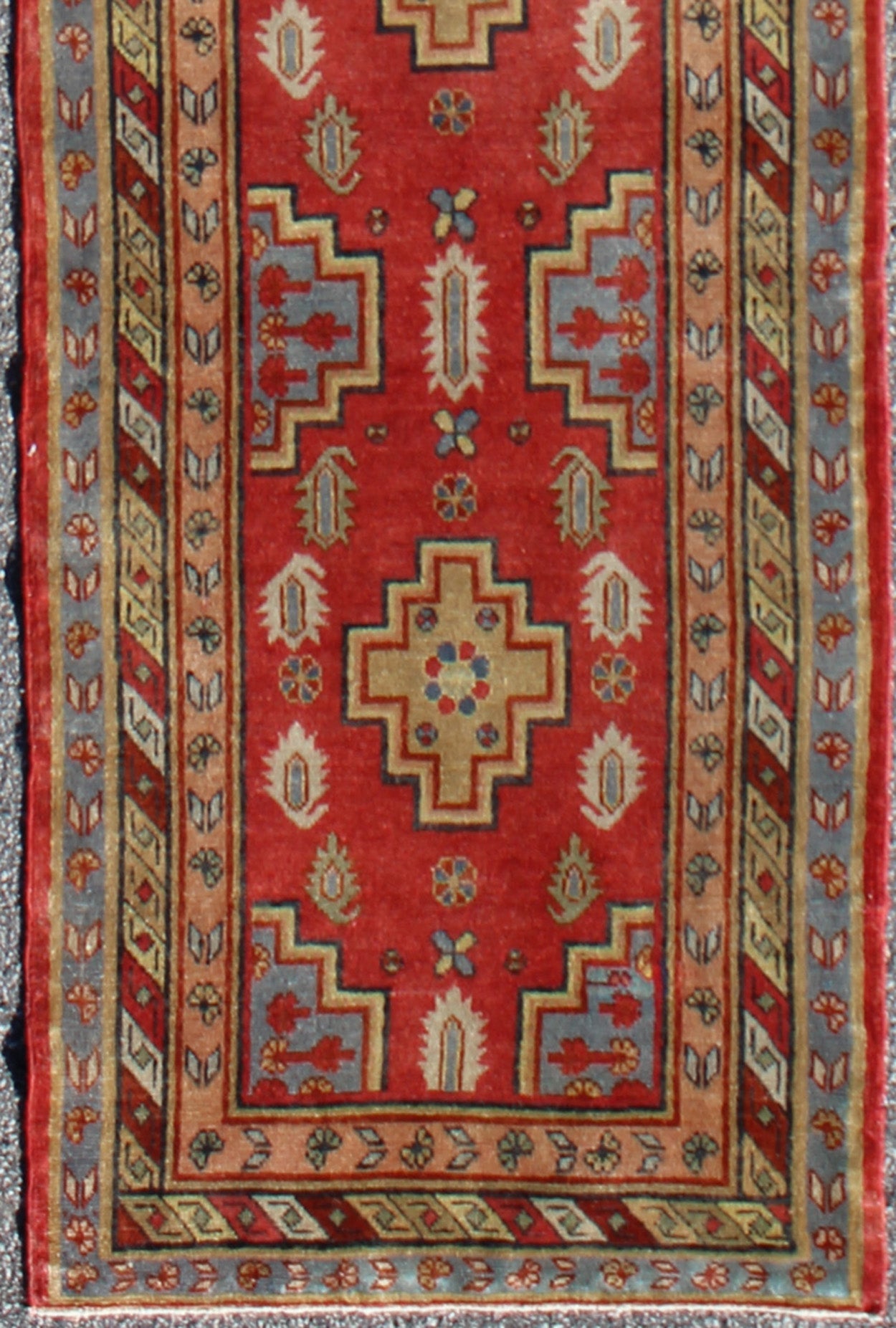 Antique Khotan Runner from Turkestan with four geometric medallions in red background and multi colors, rug tu - mtu - 4648, country of origin / type: East Turkestan / Khotan, circa 1920 This geometric antique Khotan rug was handcrafted in Turkestan... - Keivan Woven ArtsTU - MTU - 4648 - 9170Rug