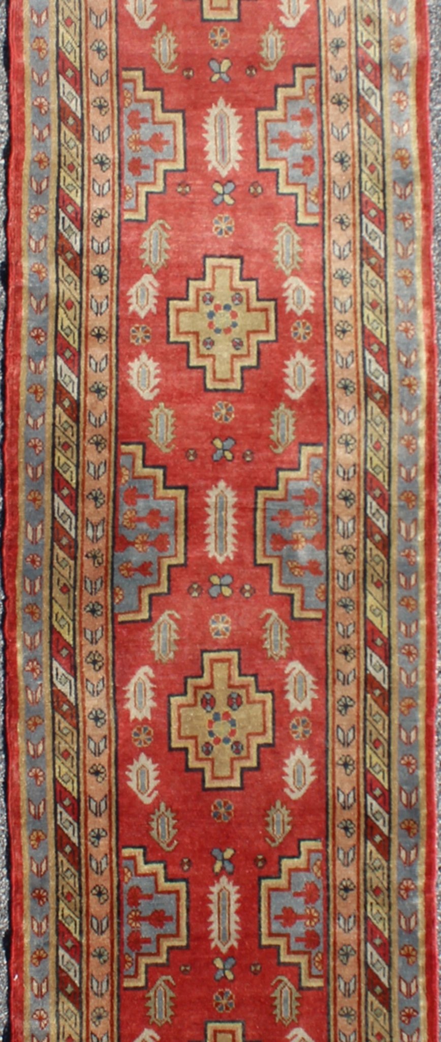 Antique Khotan Runner from Turkestan with four geometric medallions in red background and multi colors, rug tu - mtu - 4648, country of origin / type: East Turkestan / Khotan, circa 1920 This geometric antique Khotan rug was handcrafted in Turkestan... - Keivan Woven ArtsTU - MTU - 4648 - 9170Rug