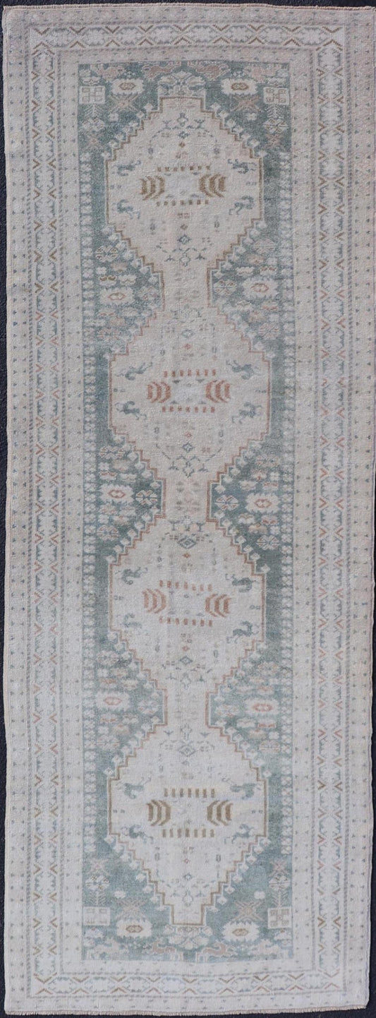 Measures: 3'2 x 9'4 Vintage Turkish Oushak Rug with Central Medallions in Cream and Light Green. Keivan Woven Arts / Rug TU - MTU - 4660, country of origin / type: Turkey / Oushak, circa mid - 20th century. This vintage Turkish Oushak rug (circa mid - 2... - Keivan Woven ArtsTU - MTU - 4660 - 22015