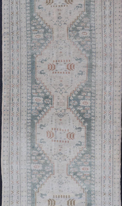 Measures: 3'2 x 9'4 Vintage Turkish Oushak Rug with Central Medallions in Cream and Light Green. Keivan Woven Arts / Rug TU - MTU - 4660, country of origin / type: Turkey / Oushak, circa mid - 20th century. This vintage Turkish Oushak rug (circa mid - 2... - Keivan Woven ArtsTU - MTU - 4660 - 22015Rug