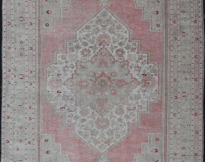 Measures: 7'8 x 13'5 Turkish Vintage Oushak Rug with Geometric Design With A Soft Coral Color. Country of Origin: Turkey; Type: Oushak; Design: Medallion, Tribal Medallion, Diamond Medallion; Keivan Woven Arts: rug / TU - MTU - 4664 / mid - 20th Century ... - Keivan Woven ArtsTU - MTU - 4664 - 22033Rug