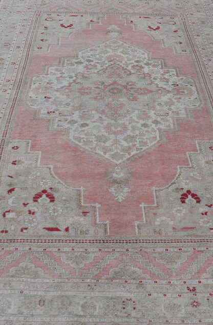 Measures: 7'8 x 13'5 Turkish Vintage Oushak Rug with Geometric Design With A Soft Coral Color. Country of Origin: Turkey; Type: Oushak; Design: Medallion, Tribal Medallion, Diamond Medallion; Keivan Woven Arts: rug / TU - MTU - 4664 / mid - 20th Century ... - Keivan Woven ArtsTU - MTU - 4664 - 22033Rug