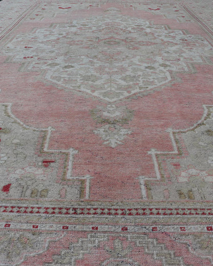 Measures: 7'8 x 13'5 Turkish Vintage Oushak Rug with Geometric Design With A Soft Coral Color. Country of Origin: Turkey; Type: Oushak; Design: Medallion, Tribal Medallion, Diamond Medallion; Keivan Woven Arts: rug / TU - MTU - 4664 / mid - 20th Century ... - Keivan Woven ArtsTU - MTU - 4664 - 22033Rug
