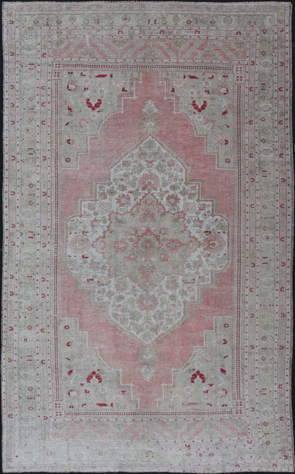 Measures: 7'8 x 13'5 Turkish Vintage Oushak Rug with Geometric Design With A Soft Coral Color. Country of Origin: Turkey; Type: Oushak; Design: Medallion, Tribal Medallion, Diamond Medallion; Keivan Woven Arts: rug / TU - MTU - 4664 / mid - 20th Century ... - Keivan Woven ArtsTU - MTU - 4664 - 22033Rug