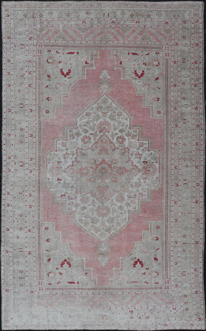 Measures: 7'8 x 13'5 Turkish Vintage Oushak Rug with Geometric Design With A Soft Coral Color. Country of Origin: Turkey; Type: Oushak; Design: Medallion, Tribal Medallion, Diamond Medallion; Keivan Woven Arts: rug / TU - MTU - 4664 / mid - 20th Century ... - Keivan Woven ArtsTU - MTU - 4664 - 22033Rug