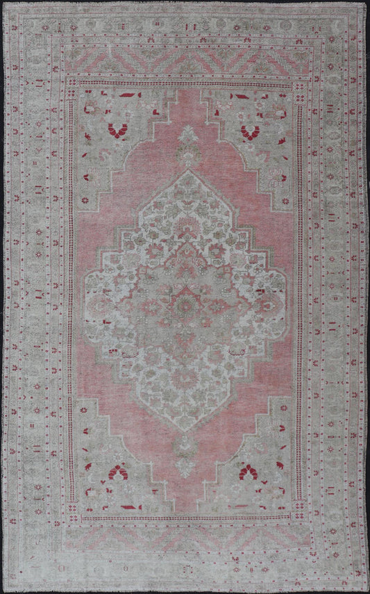 Measures: 7'8 x 13'5 Turkish Vintage Oushak Rug with Geometric Design With A Soft Coral Color. Country of Origin: Turkey; Type: Oushak; Design: Medallion, Tribal Medallion, Diamond Medallion; Keivan Woven Arts: rug / TU - MTU - 4664 / mid - 20th Century ... - Keivan Woven ArtsTU - MTU - 4664 - 22033Rug