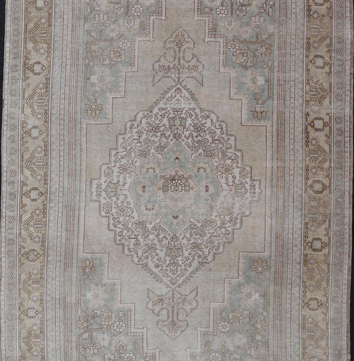 Measures: 6'8 x 12'2 Vintage Turkish Floral Medallion Oushak Rug in Light Brown and Light Blue. Country of origin: Turkey; Type: Oushak; Design: Medallion, Floral Medallion; Keivan Woven Arts: rug / TU - MTU - 4666. mid - 20 - th century. Set on a k... - Keivan Woven ArtsTU - MTU - 4666 - 22045Rug