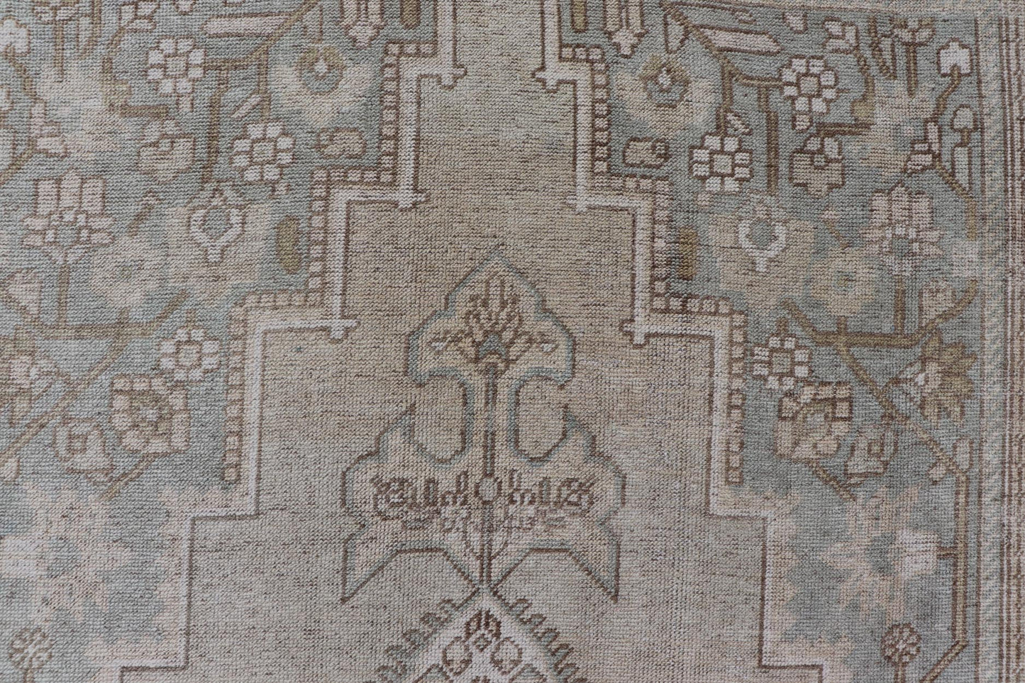 Measures: 6'8 x 12'2 Vintage Turkish Floral Medallion Oushak Rug in Light Brown and Light Blue. Country of origin: Turkey; Type: Oushak; Design: Medallion, Floral Medallion; Keivan Woven Arts: rug / TU - MTU - 4666. mid - 20 - th century. Set on a k... - Keivan Woven ArtsTU - MTU - 4666 - 22045Rug