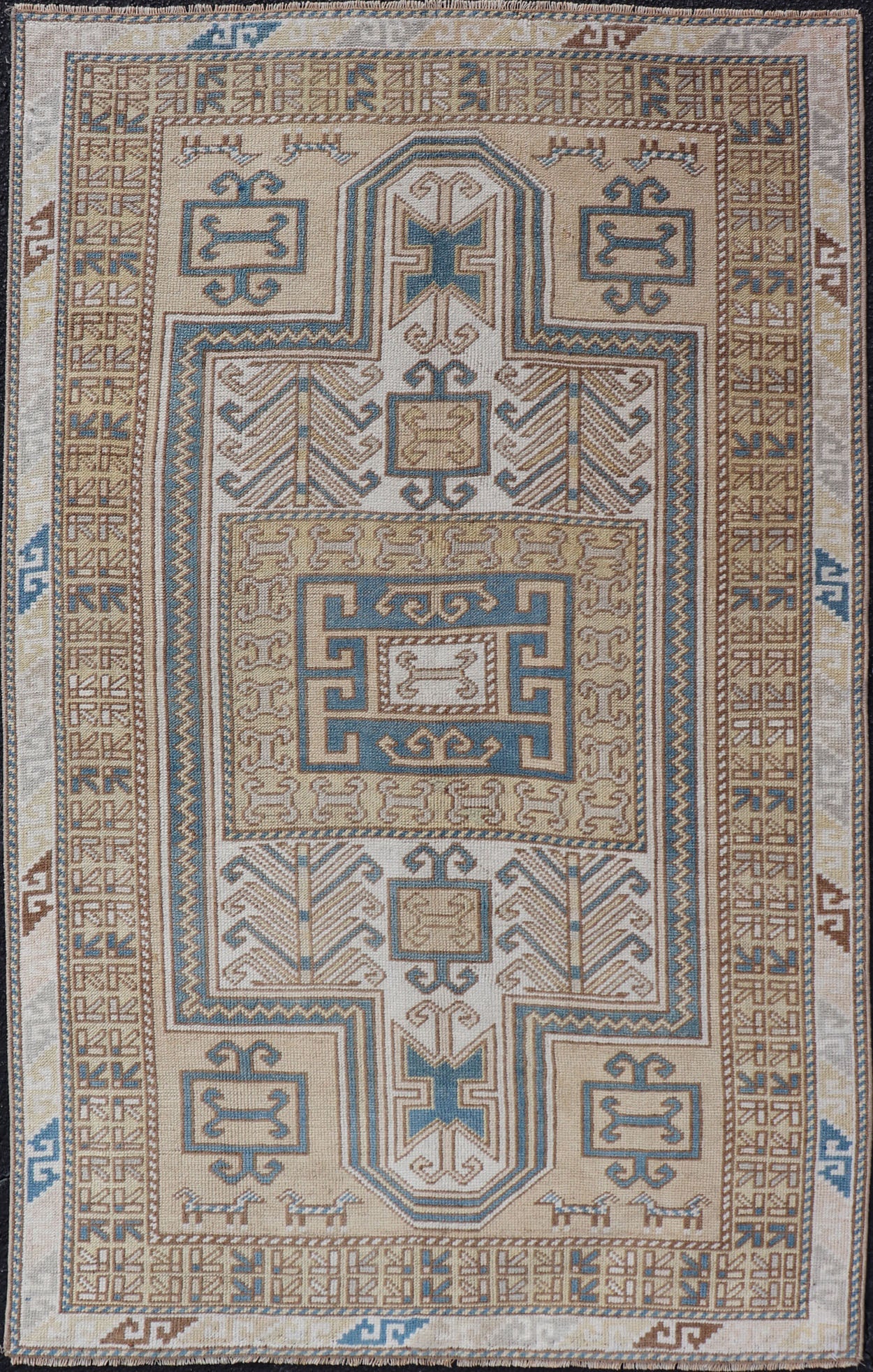 Measures: 3'5 x 5'8 Vintage Turkish Medallion Oushak Rug in Blue, Mocha, and Taupe. Country of Origin: Turkey; Type: Oushak; Design: Medallion, Tribal Medallion, Floral Medallion; Keivan Woven Arts: rug TU - MTU - 4670. Unique in its color palette ... - Keivan Woven ArtsTU - MTU - 4670 - 22902Rug