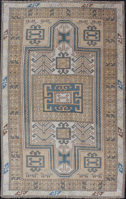 Measures: 3'5 x 5'8 Vintage Turkish Medallion Oushak Rug in Blue, Mocha, and Taupe. Country of Origin: Turkey; Type: Oushak; Design: Medallion, Tribal Medallion, Floral Medallion; Keivan Woven Arts: rug TU - MTU - 4670. Unique in its color palette ... - Keivan Woven ArtsTU - MTU - 4670 - 22902Rug