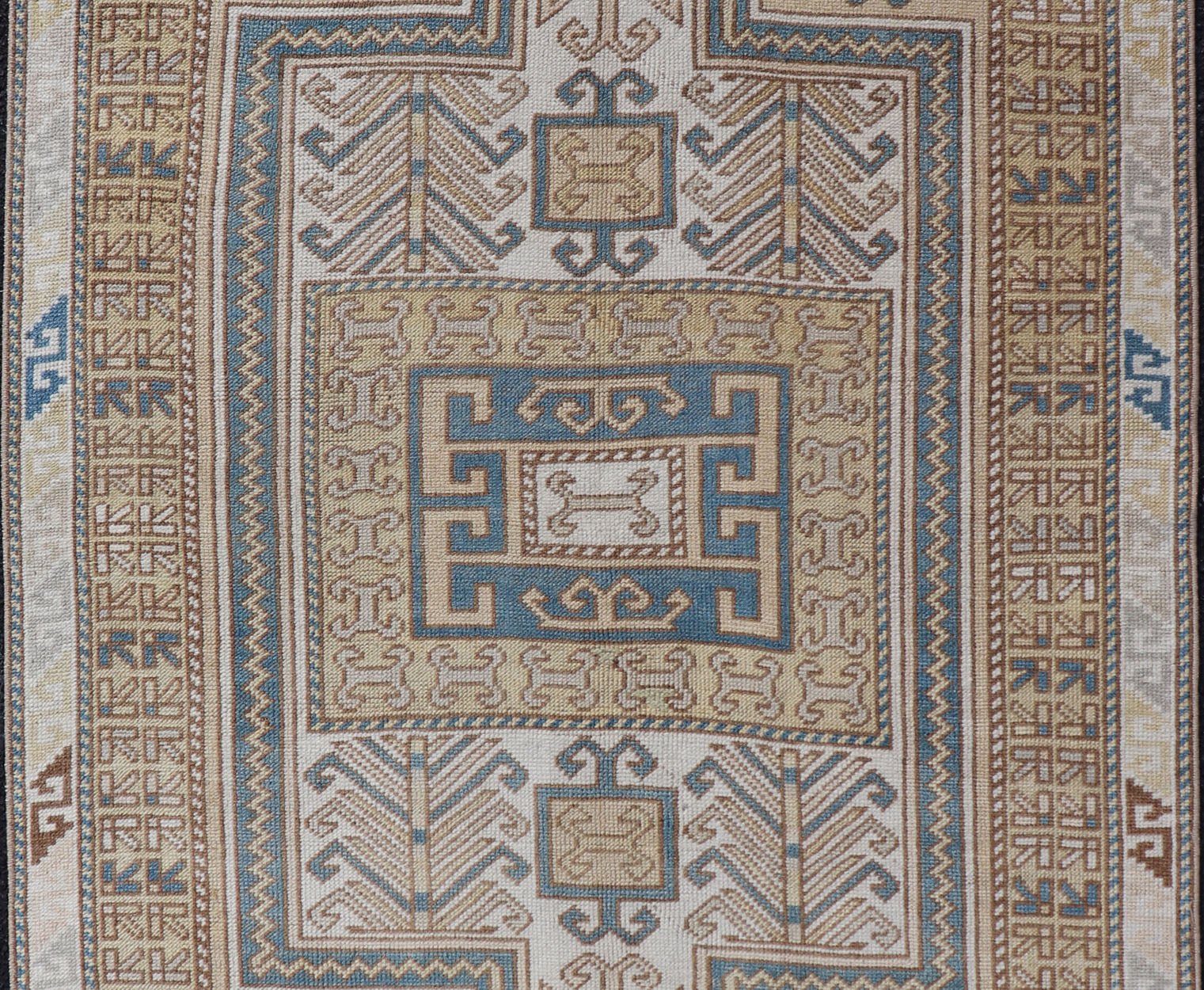 Measures: 3'5 x 5'8 Vintage Turkish Medallion Oushak Rug in Blue, Mocha, and Taupe. Country of Origin: Turkey; Type: Oushak; Design: Medallion, Tribal Medallion, Floral Medallion; Keivan Woven Arts: rug TU - MTU - 4670. Unique in its color palette ... - Keivan Woven ArtsTU - MTU - 4670 - 22902Rug