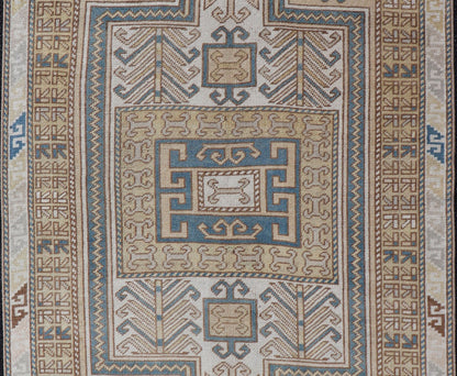 Measures: 3'5 x 5'8 Vintage Turkish Medallion Oushak Rug in Blue, Mocha, and Taupe. Country of Origin: Turkey; Type: Oushak; Design: Medallion, Tribal Medallion, Floral Medallion; Keivan Woven Arts: rug TU - MTU - 4670. Unique in its color palette ... - Keivan Woven ArtsTU - MTU - 4670 - 22902Rug