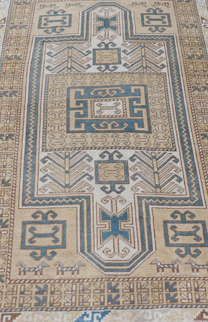 Measures: 3'5 x 5'8 Vintage Turkish Medallion Oushak Rug in Blue, Mocha, and Taupe. Country of Origin: Turkey; Type: Oushak; Design: Medallion, Tribal Medallion, Floral Medallion; Keivan Woven Arts: rug TU - MTU - 4670. Unique in its color palette ... - Keivan Woven ArtsTU - MTU - 4670 - 22902Rug