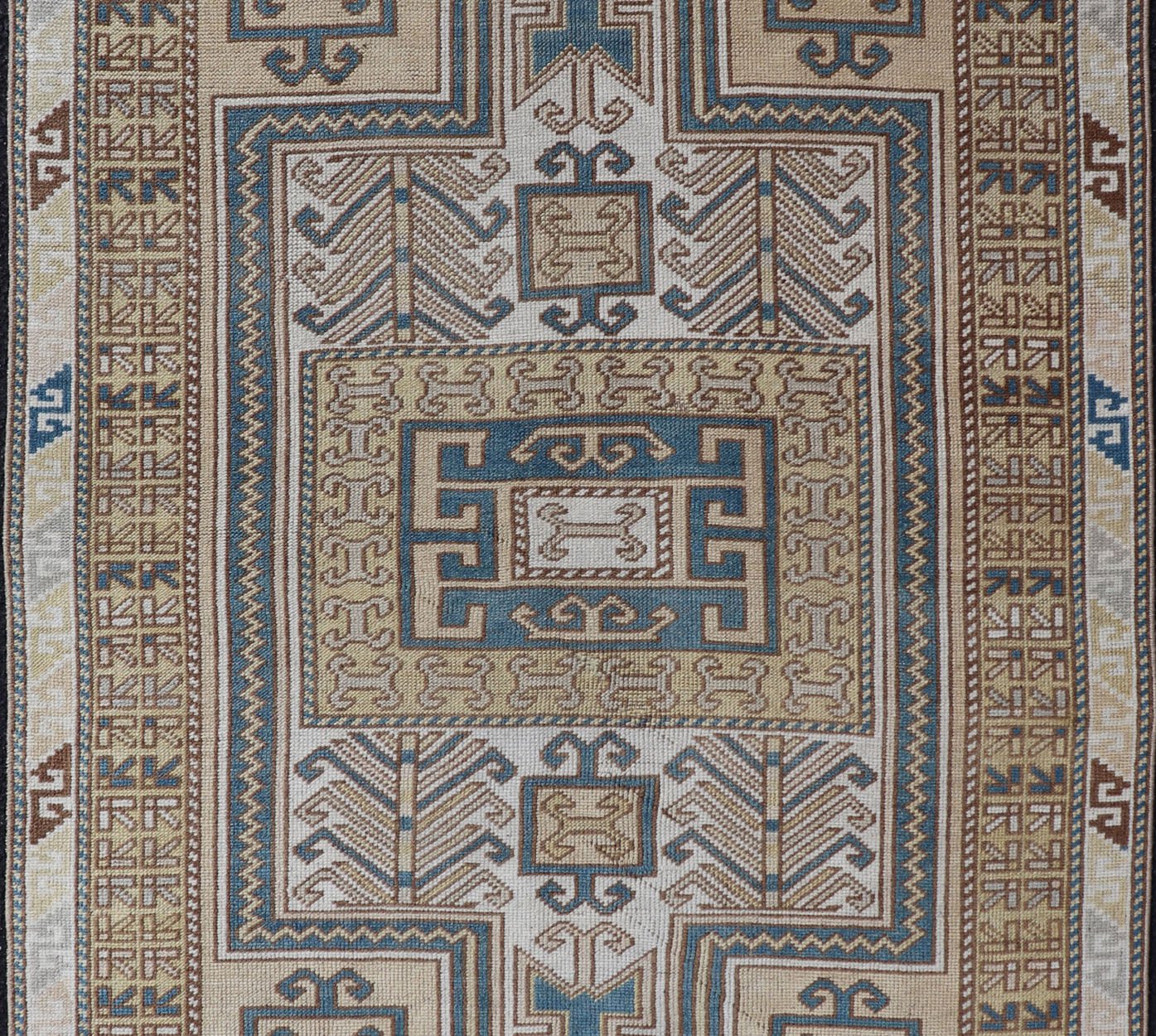Measures: 3'5 x 5'6 Vintage Turkish Medallion Oushak Rug in Blue, Mocha, and Taupe. Country of Origin: Turkey; Type: Oushak; Design: Medallion, Tribal Medallion, Floral Medallion; Keivan Woven Arts: rug TU - MTU - 4671. Unique in its color palette ... - Keivan Woven ArtsTU - MTU - 4671 - 22908Rug
